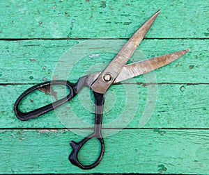 Old shears on wooden background