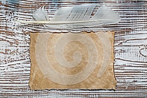 Old sheet of paper feather on vintage wooden board