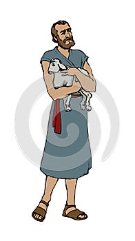 An old shepherd with a sheep. Vector drawing