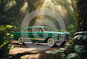 Old shiny retro car in jungle photo