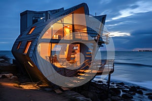 Old ship on the beach at sunset, Bali, Indonesia, A creatively designed house by the seaside!, AI Generated