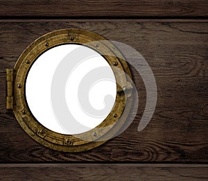 Old ship or boat porthole on wooden wall
