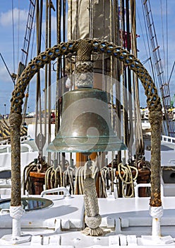 Old ship deck with copper bell
