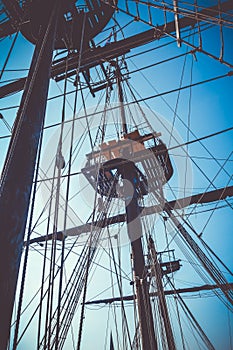 Old ship mast and sail ropes detail