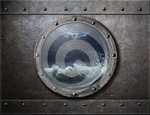 Old ship metal porthole or window with sea storm