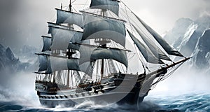 an old ship in the middle of stormy waters with mountains in the background