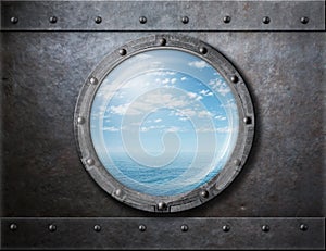 Old ship rusty porthole or window with sea and
