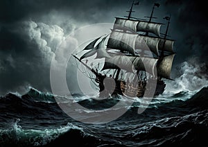 Old ship sailing in stormy sea