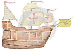 Old ship santa maria with sails on a white background. watercolor illustration for cards, prints, magazines