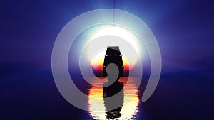 old ship at sea sunset illustration