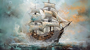 Old Ship In The Sea Vintage Stock: Dynamic Action Painting With Multilayered Realism photo