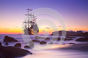 Old ship silhouette in sunset scenery