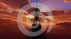 old ship sunset at sea 3d rendering