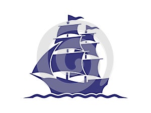 Old Ship Vector illustration. Pirates. Sailing vessel. Historical vessel. Antique ship. Sea-faring. Seaborne transportation.