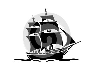Old Ship Vector illustration. Pirates. Sailing vessel. Historical vessel. Antique ship. Sea-faring. Seaborne transportation.