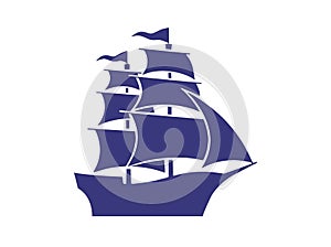 Old Ship Vector illustration. Pirates. Sailing vessel. Historical vessel. Antique ship. Sea-faring. Seaborne transportation.