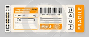 Old shipment label. Cargo cut out sticker. Delivery bar code mockup. Fragile, handle, recycle icon template. Information