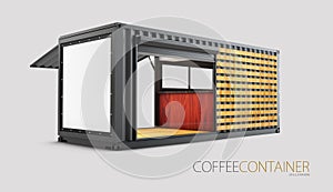 Old shipping container is converted into a chic coffee shop, 3d Illustration