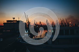 Old Shipping Port and old ship. Lights of night