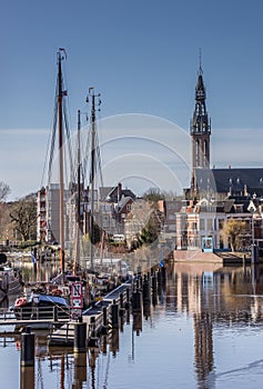 Old ships and the Jozef cathedral in Groningen