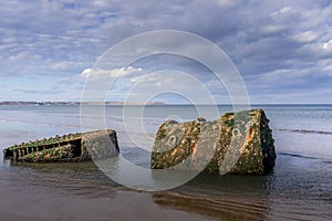 Old shipwreck on the beach near Reighton Filey Bay