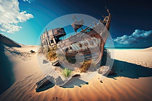 old shipwreck half-buried in sand on secluded beach