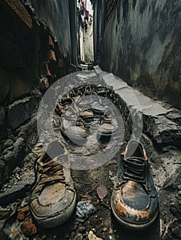 Old shoes in a narrow alley in the old city. Toned.