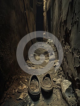 Old shoes in a narrow alley in the old city. Toned.