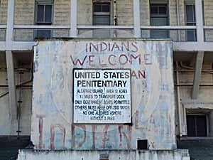 The old sign on Alcatraz Penitentiary building