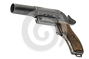 Old signal pistol, flare gun with the hammer cocked, isolated