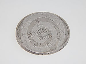 Old silver coins Finland 2 mark 1865