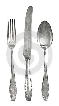 Old silver cutlery, isolated on white