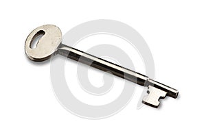 Old silver mortice lock key on white