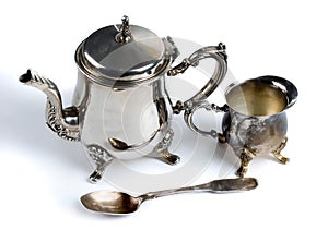 Old silver set.On white background.
