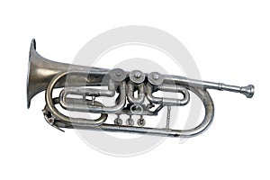 Old silver trumpet on a white background