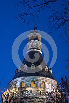 Old Simonov monastery convent in Moscow, Russia. The Dulo round tower at night