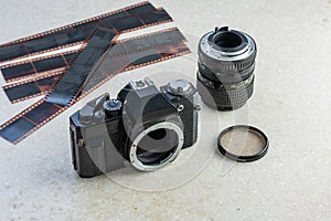 Old single lens reflect camera, lens, filter and films