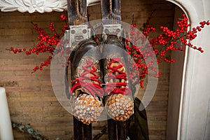 Old skis. Christmas decor with old skis.