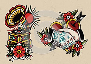Old Skool Tattoo flash set vector illustration poster template