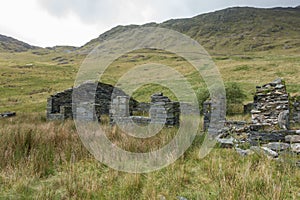 An old slate miner`s hut, abandoned many years ago and now collapsing and derelict. Snowdonia National Park