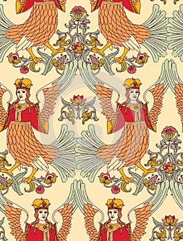 Old Slavic vintage ornament bird seamless pattern.