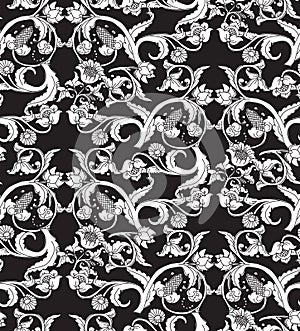 Old Slavic vintage ornament flowers black and white seamless pattern.