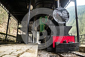 Old small steam locomotive in the train station