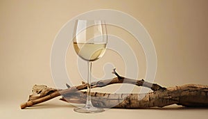 An old snag and white wine on a beige backdrop