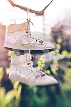 Old sneakers hanging on laces in the spring garden