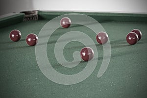 Old snooker table and ball set.