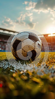 Old soccer ball on grass with the glow of sunset, empty stadium in background