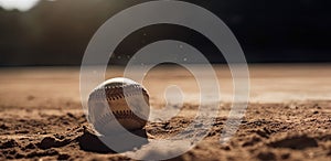 Old softball on the sand, close-up. AI generated with free space, idea for a banner