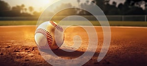 Old softball on the sand, close-up. AI generated high quality illustration