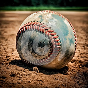 Old softball on the sand, close-up. AI generated illustration